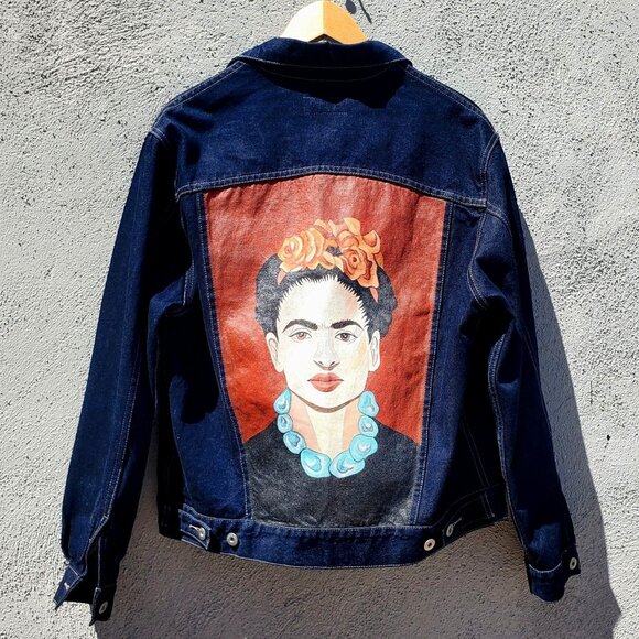 Handmade Jackets & Blazers - Frida Kahlo Y2K Portrait Denim Trucker Jacket Hand Painted Women L XL / Men M